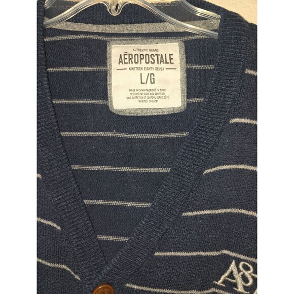 Aeropostale Mens Navy Striped Collegiate Cardigan Sweater L/G Academia - Picture 3 of 3
